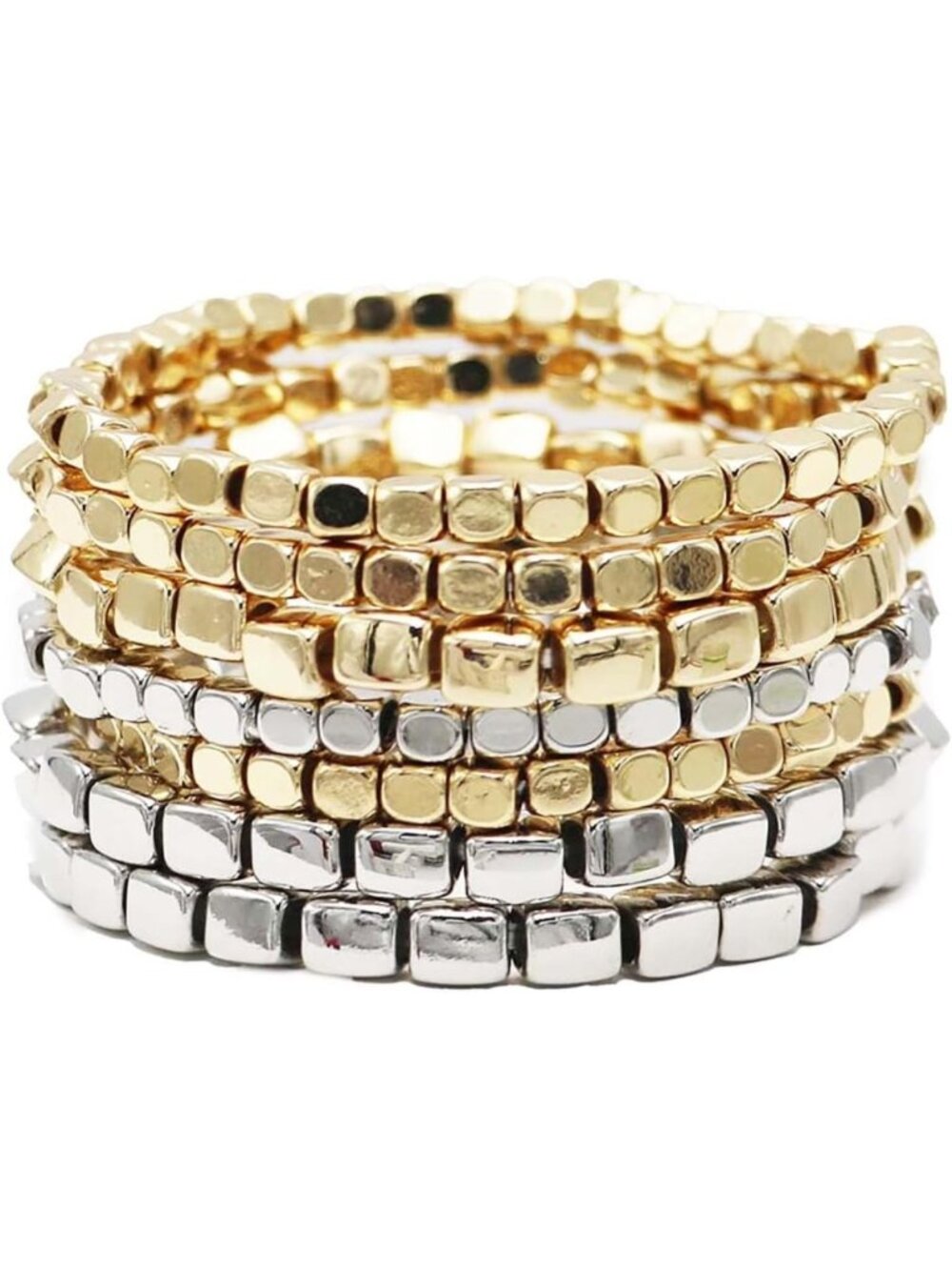 Chunky Multi-Strand Beaded Bracelet Set - Silver & Gold Stacking Bracelets for
